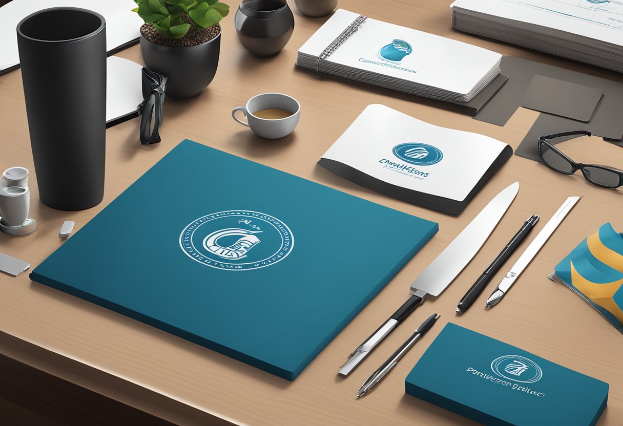 A table with branded corporate gifts neatly arranged, a logo prominently displayed, and a professional setting with a sense of prestige