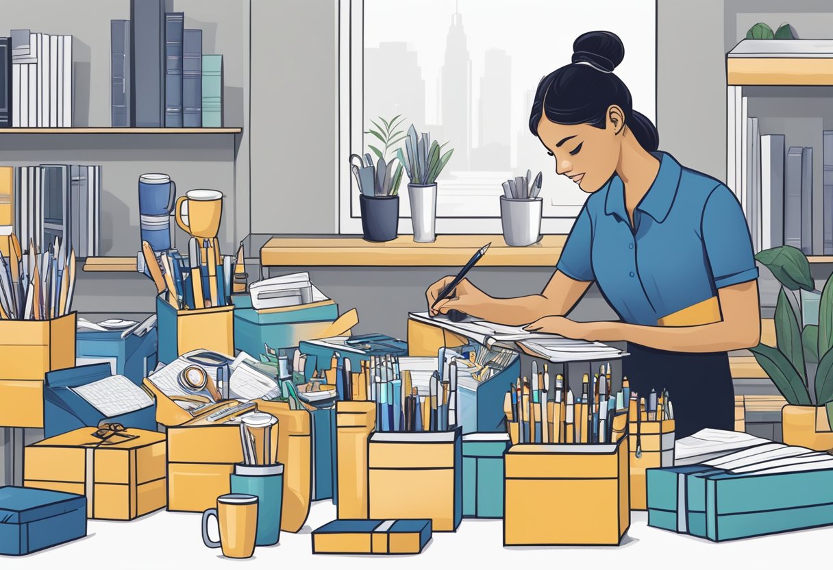 A person customizing corporate gifts at a wholesale promotion event. Items like pens, mugs, and notebooks are being selected and personalized with company logos