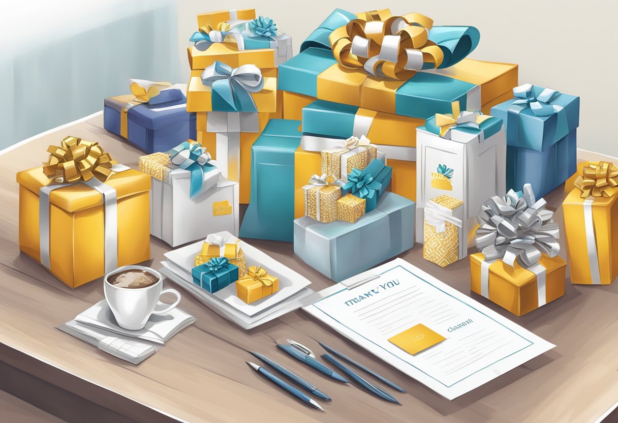 A table with various corporate thank you gifts displayed, including branded items, gift baskets, and personalized notes