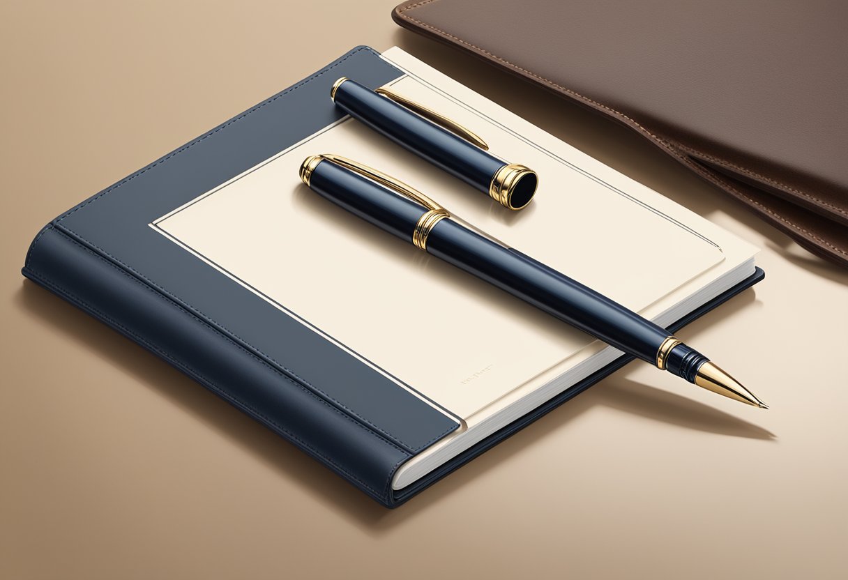 A sleek corporate gift pen rests on a polished desk, surrounded by a stack of papers and a leather-bound notebook. The pen's metallic sheen catches the light, showcasing its elegant design