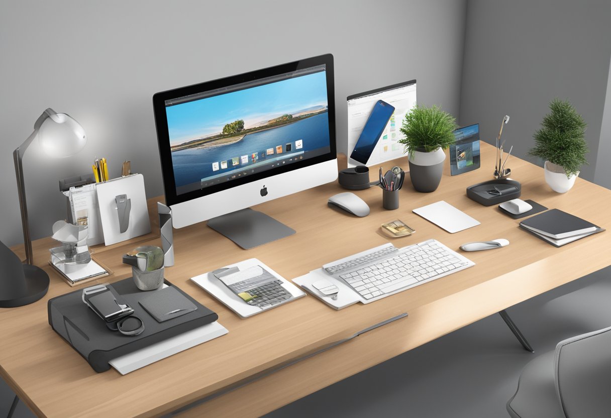 A sleek, modern office desk with a variety of personalized gifts and innovative products on display. Customized logos and designs adorn each item, showcasing the company's dedication to unique and creative corporate gifts