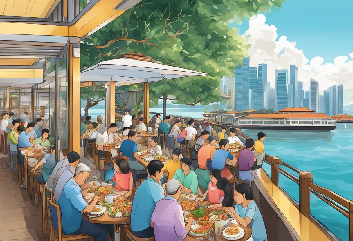 A bustling seafood restaurant in Singapore, with diners enjoying a variety of fresh and colorful dishes against a backdrop of a majestic bay