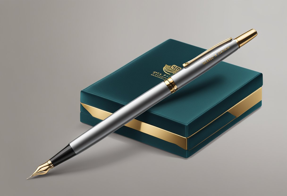 A hand reaches for a sleek, silver pen with a logo embossed on the side. The pen is displayed on a velvet-lined box with the company's name in gold lettering
