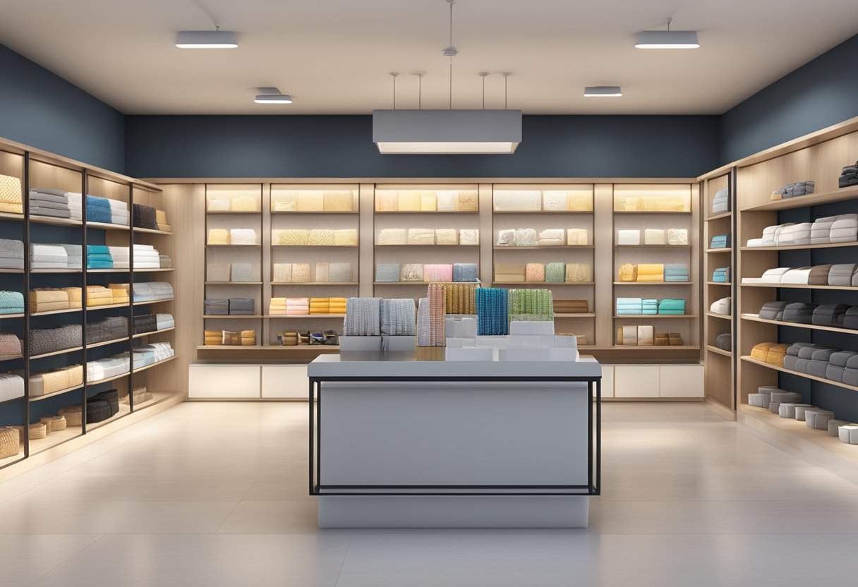 A corporate gift shop with shelves of branded merchandise and a display of high-quality items. The shop is well-lit with a professional and modern aesthetic