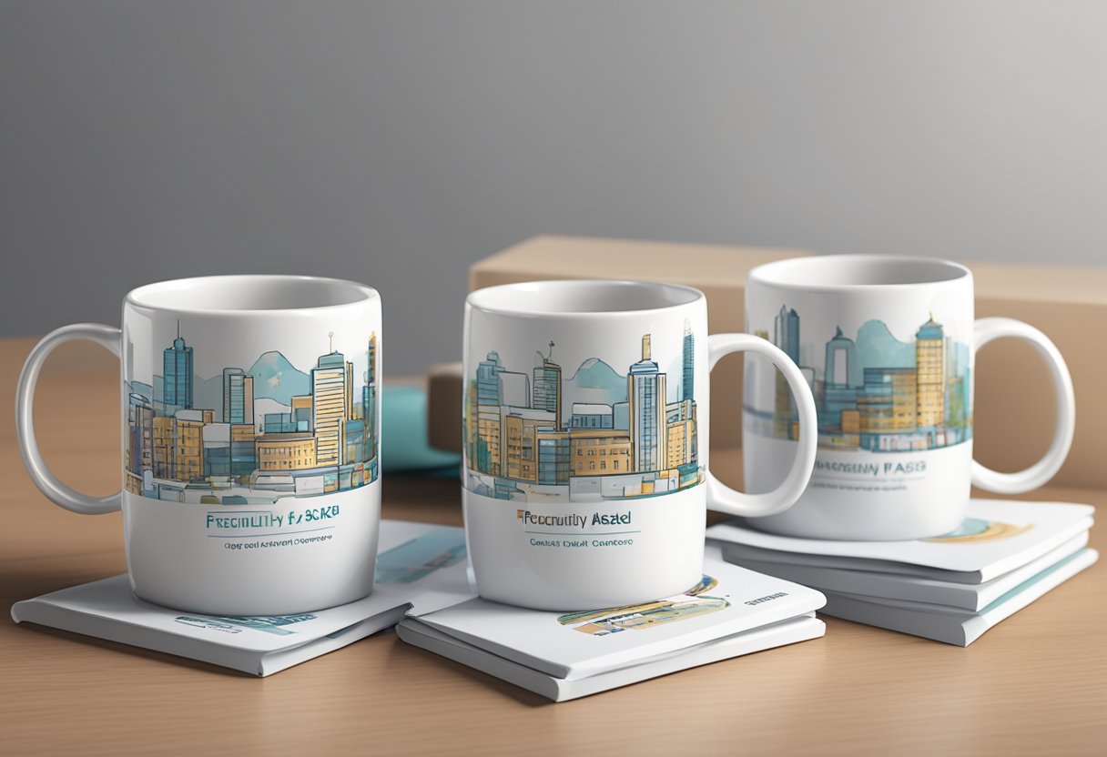 A stack of corporate gift mugs, each with a heat-changing feature, arranged on a table with a "Frequently Asked Questions" booklet nearby
