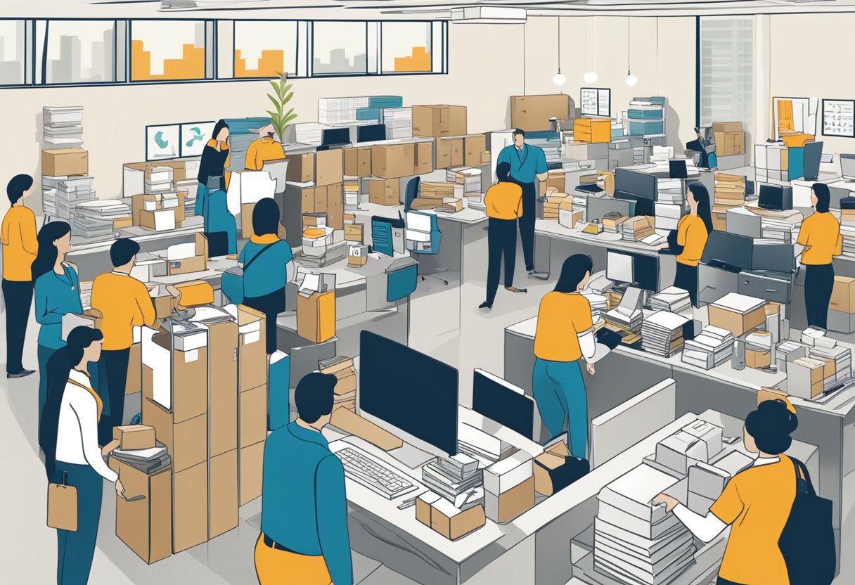 A bustling office with employees discussing and selecting promotional corporate gifts in bulk. Displays of various items and a sign reading "Frequently Asked Questions corporate gifts wholesale promotion" are visible
