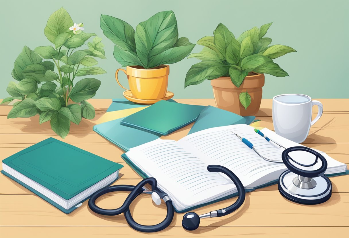 A table with stethoscope, medical books, colorful pens, and a thank-you card. A plant and a mug with "best nurse ever" written on it