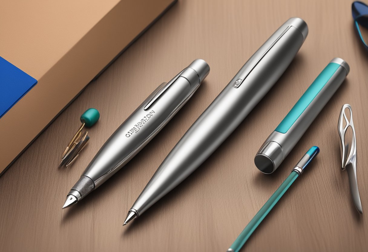 A sleek, silver pen with a company logo engraved on the side sits on a polished wooden desk, surrounded by other branded stationery items