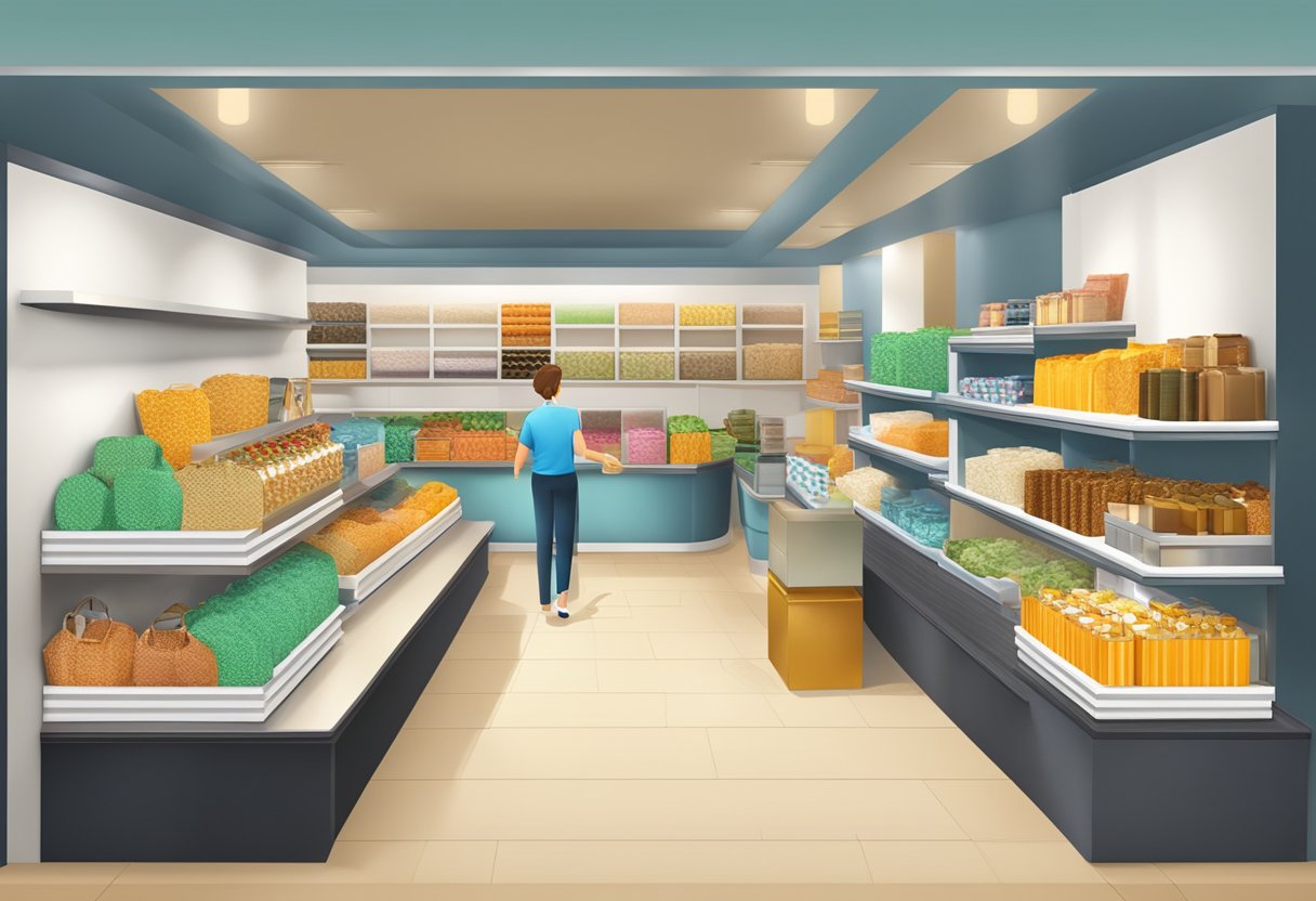 A corporate gift shop with shelves of branded items, a display of luxury gift baskets, and a counter with a friendly staff member assisting a customer