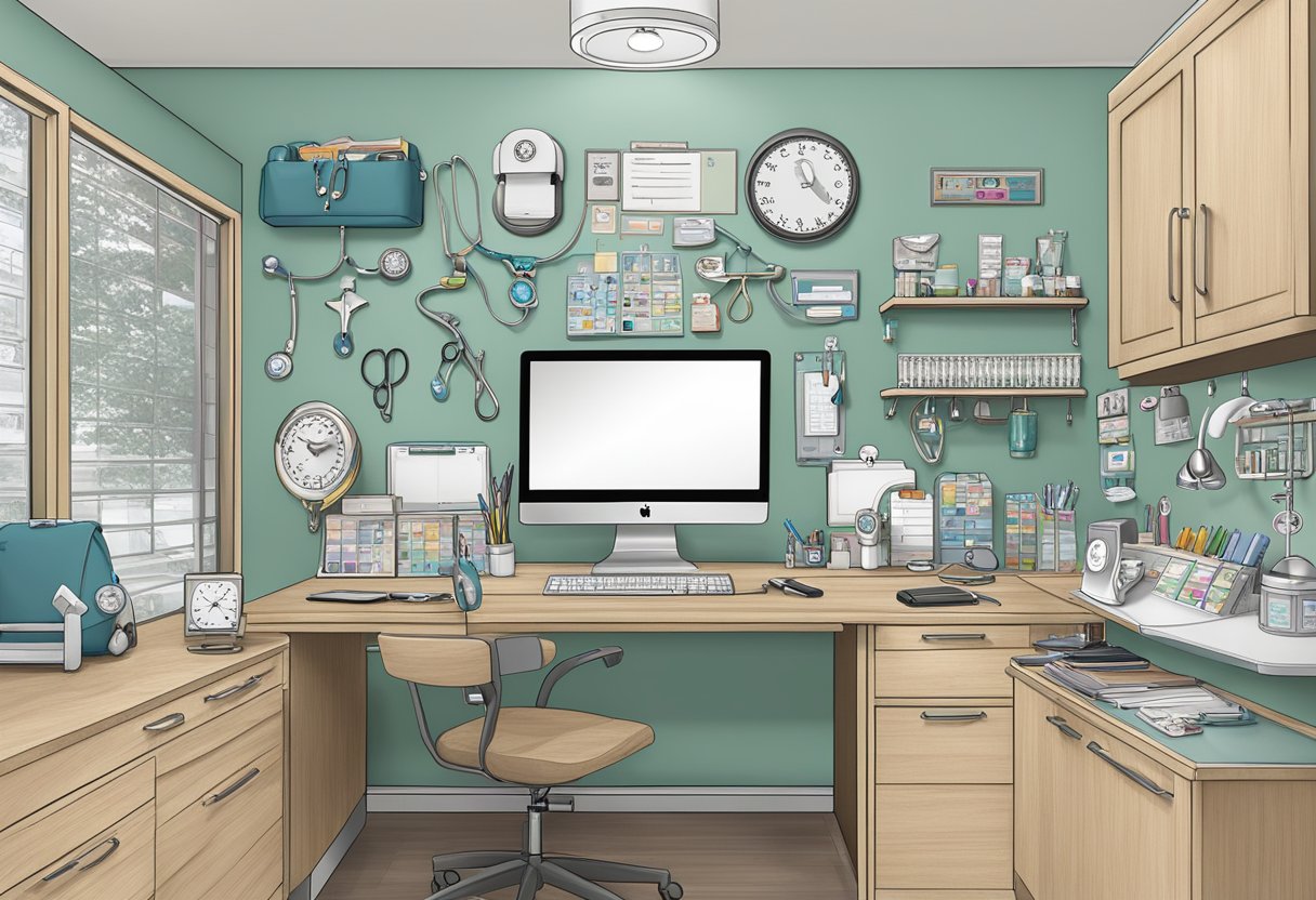 A nurse's station adorned with personalized stethoscope charms, custom name badges, and practical pocket organizers