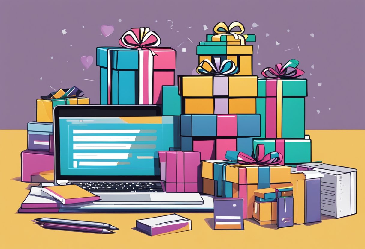 A stack of gift boxes with "Frequently Asked Questions" logo, surrounded by office supplies and a computer