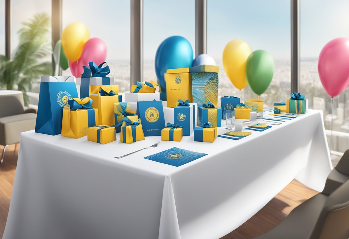 A table adorned with elegant corporate gifts, branded with company logos, displayed in a professional setting