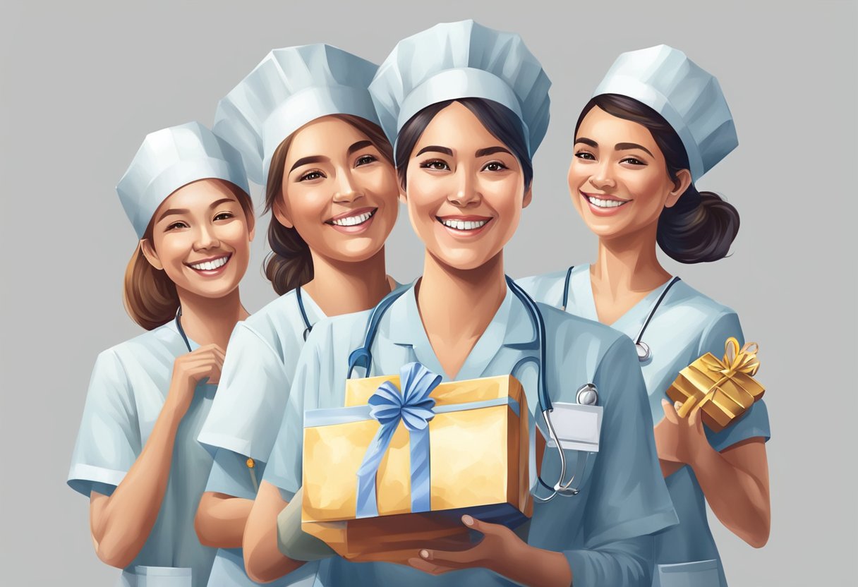 A group of nurses receiving thoughtful gifts and celebrating special occasions with smiles and laughter