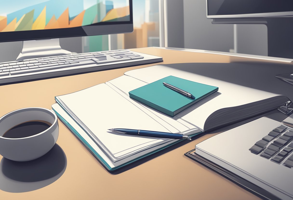 A sleek, branded pen sits on a clean, modern desk with a stack of papers and a computer in the background