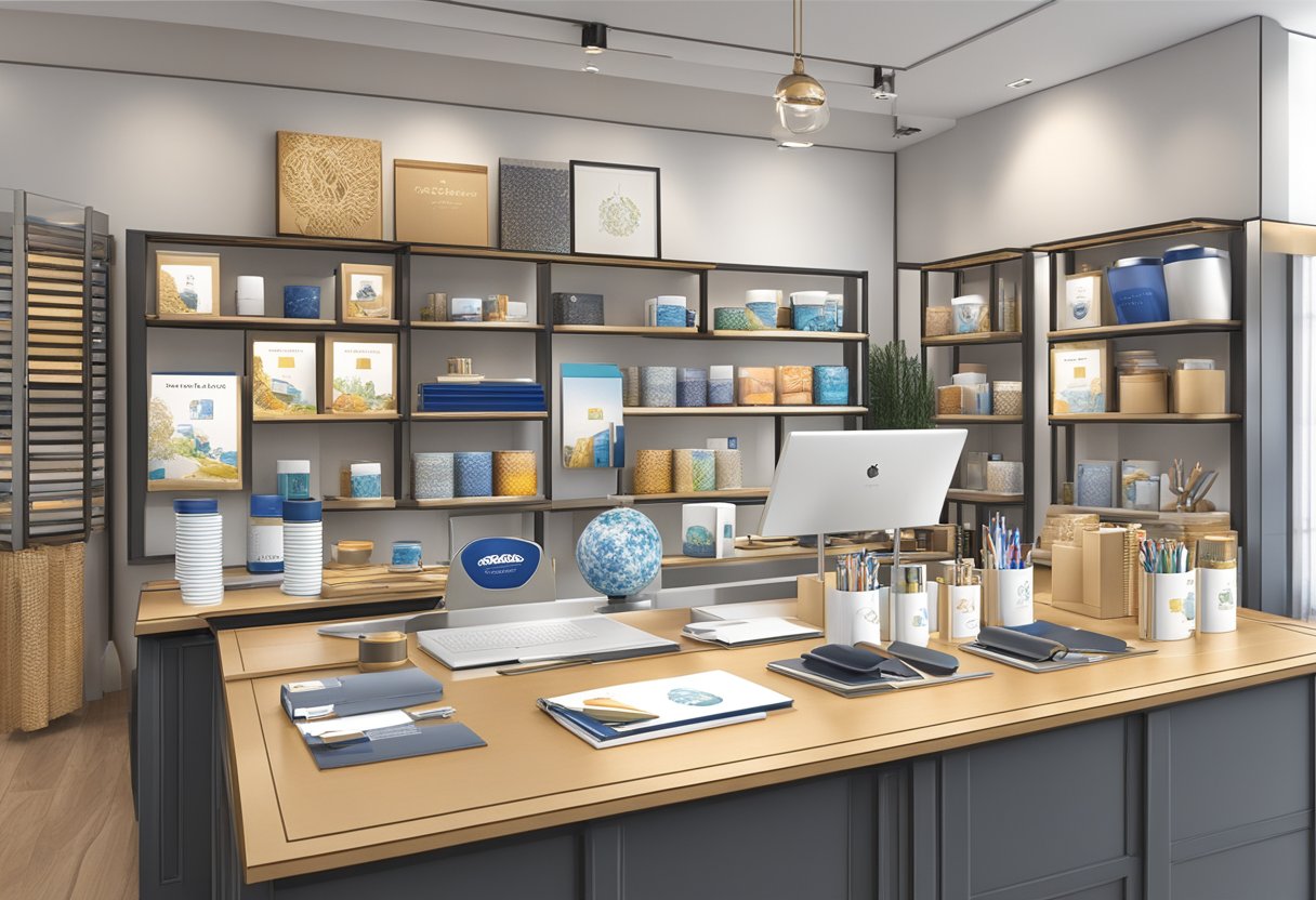 A corporate gift shop displays branded merchandise and elegant packaging, with a variety of items such as pens, mugs, and notebooks