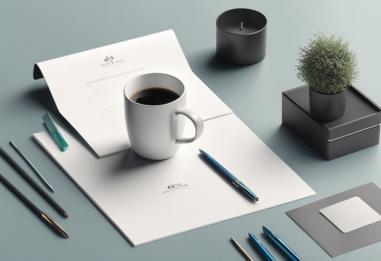 A sleek corporate gifts cup sits on a polished desk, surrounded by elegant stationery and a branded pen