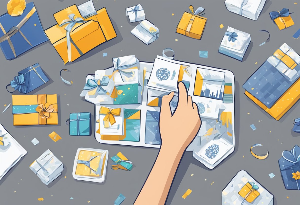 A hand reaching for a corporate gift sticker from a selection of different designs and colors on a table