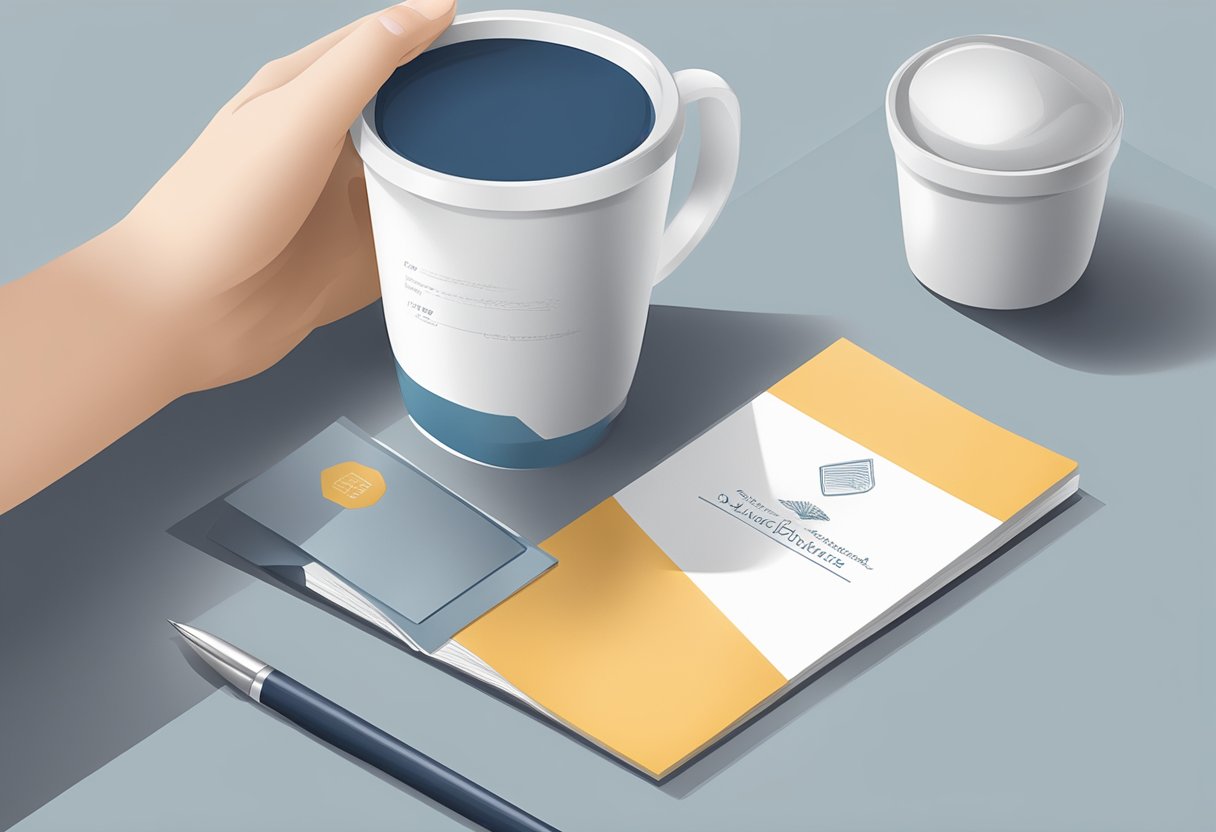 A hand reaches for a sleek, branded corporate gifts cup on a polished tabletop. The cup is surrounded by elegant packaging and a personalized note