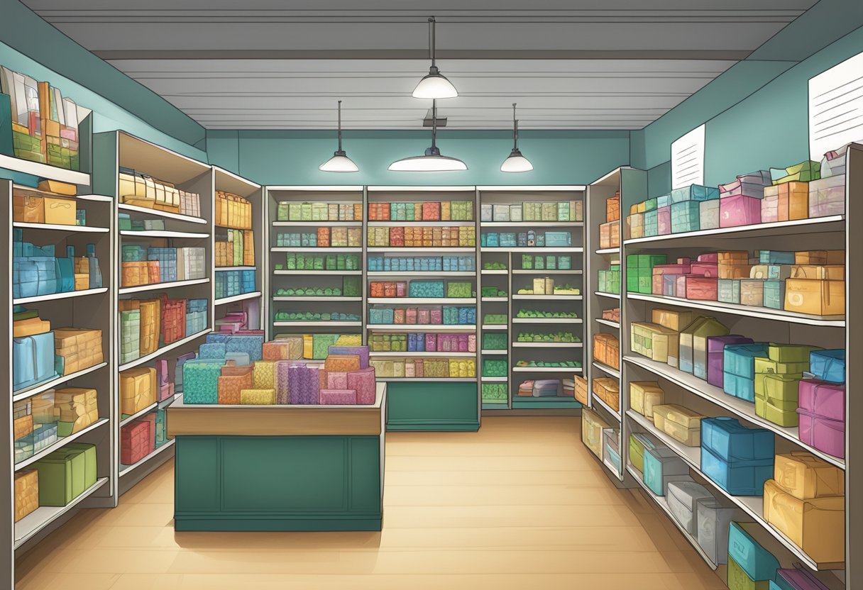 A well-lit corporate gift shop with shelves of neatly arranged merchandise and a prominent "Frequently Asked Questions" sign
