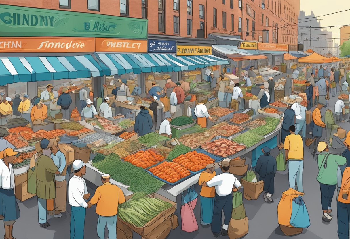 A bustling fish market in Manhattan with colorful displays of fresh seafood and busy vendors