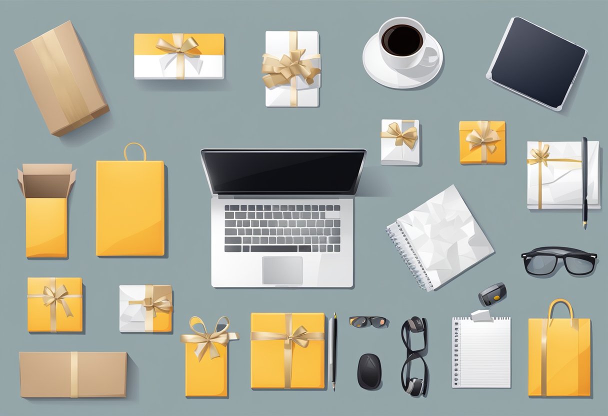 A table with branded gift stickers, packing materials, and a computer for logistics and execution of corporate gifts