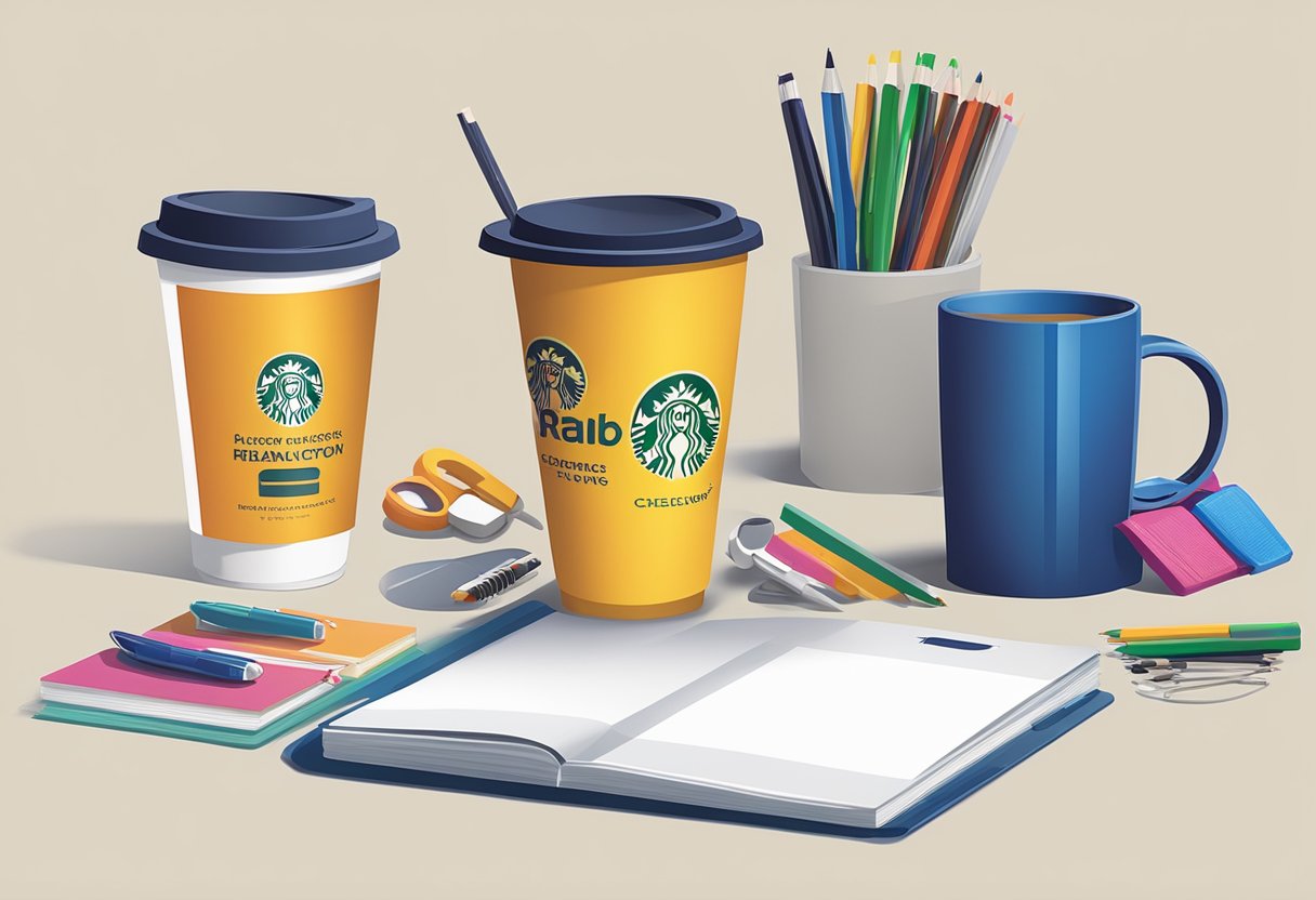 A branded cup sits on a desk, surrounded by office supplies. A client's logo is prominently displayed, emphasizing brand visibility and client relations