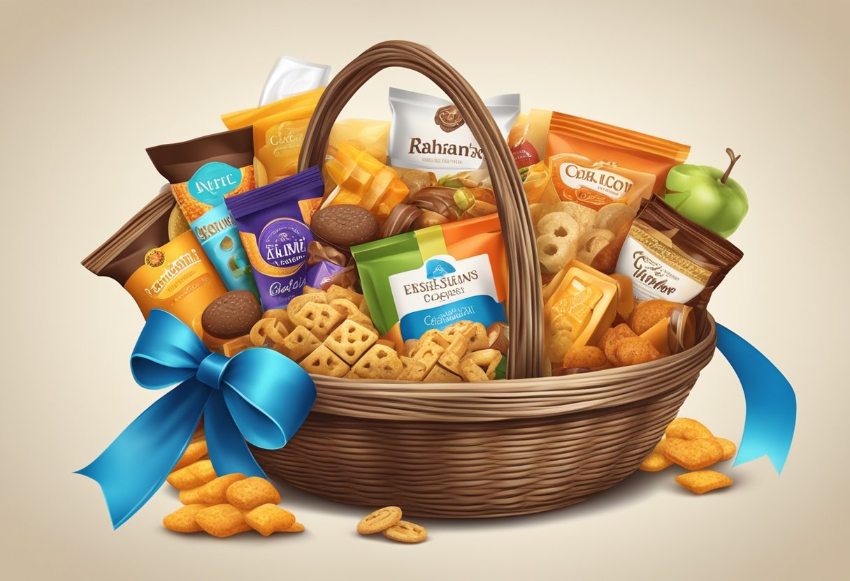 A colorful food basket filled with gourmet snacks and treats, adorned with a ribbon and corporate logo