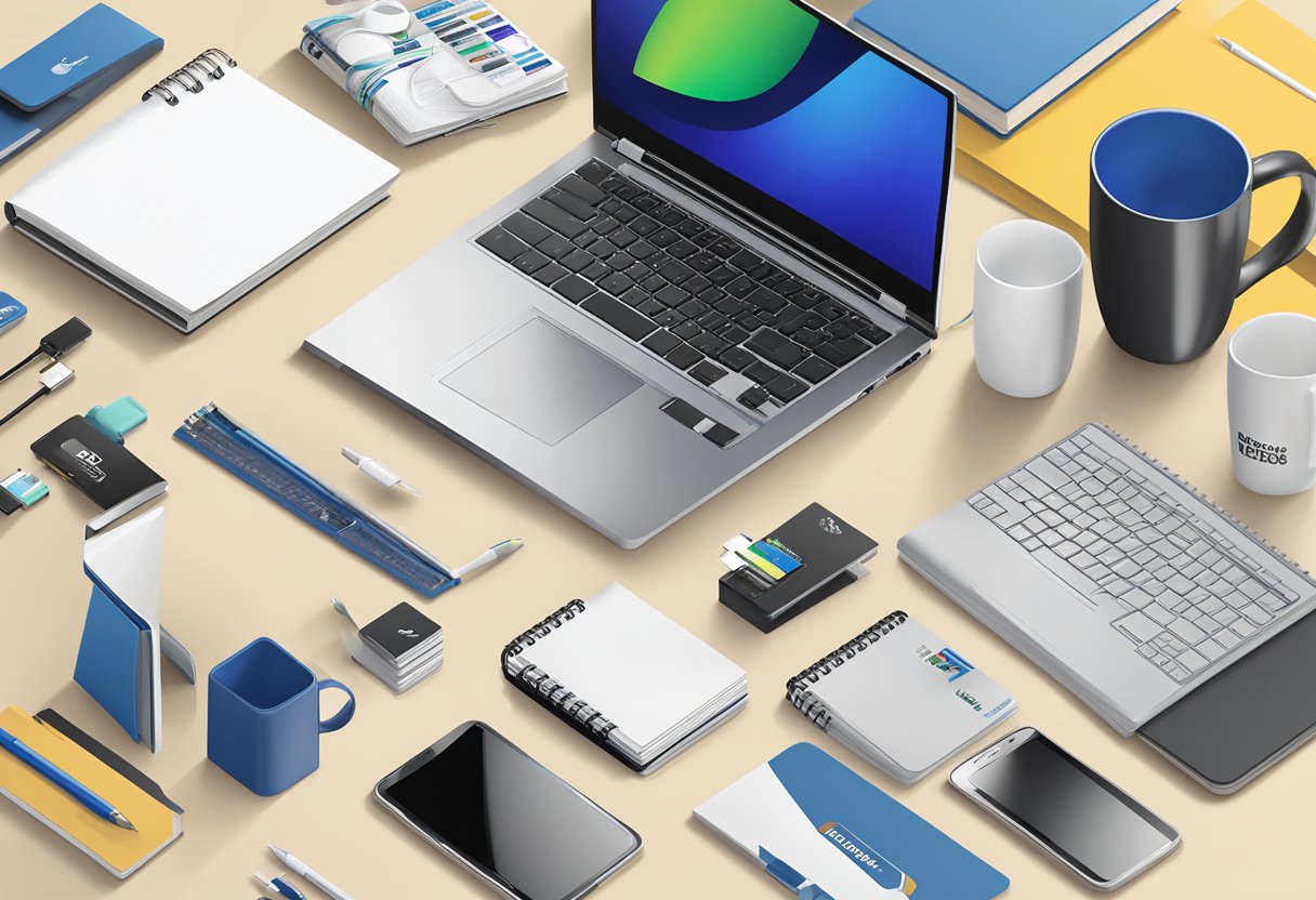 A table with branded merchandise: pens, notebooks, mugs, and USB drives. A corporate logo prominently displayed