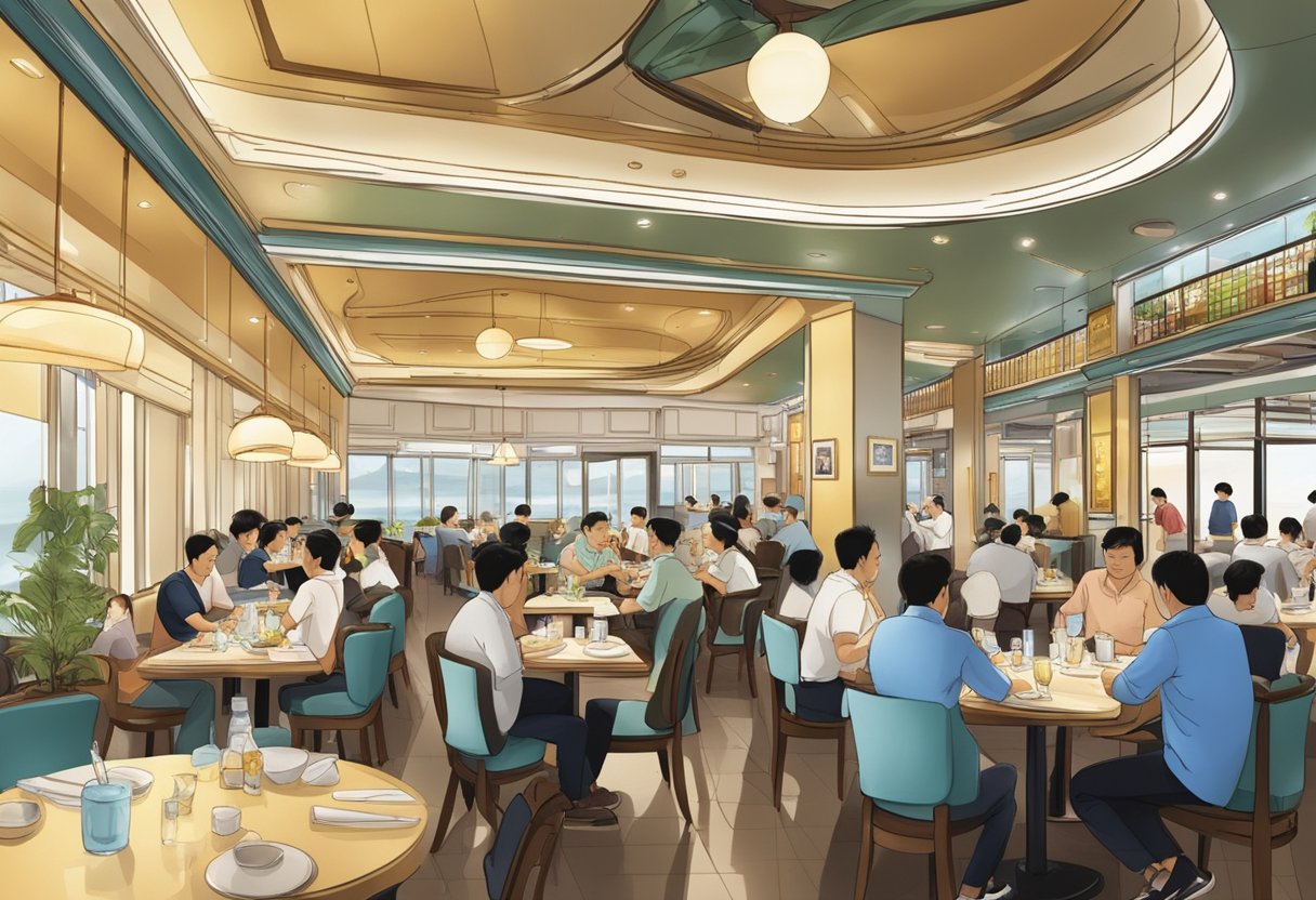 The bustling interior of Majestic Bay Seafood Restaurant in Singapore, with diners enjoying their meals and the staff attending to their needs
