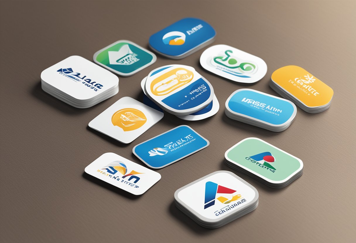 A stack of corporate gift stickers arranged neatly on a desk, with a company logo prominently displayed in the center