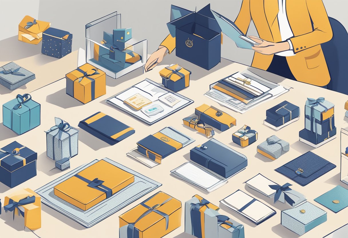 A person carefully choosing from a variety of corporate gift options displayed on a table. The gifts are neatly arranged and include items such as branded merchandise, luxury items, and personalized gifts