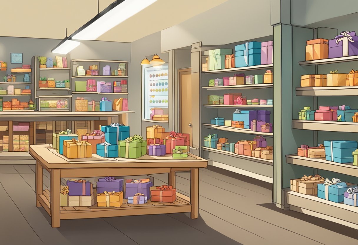 A table displaying various gift items with a sign reading "Frequently Asked Questions gift supplier" in a well-lit, organized store setting
