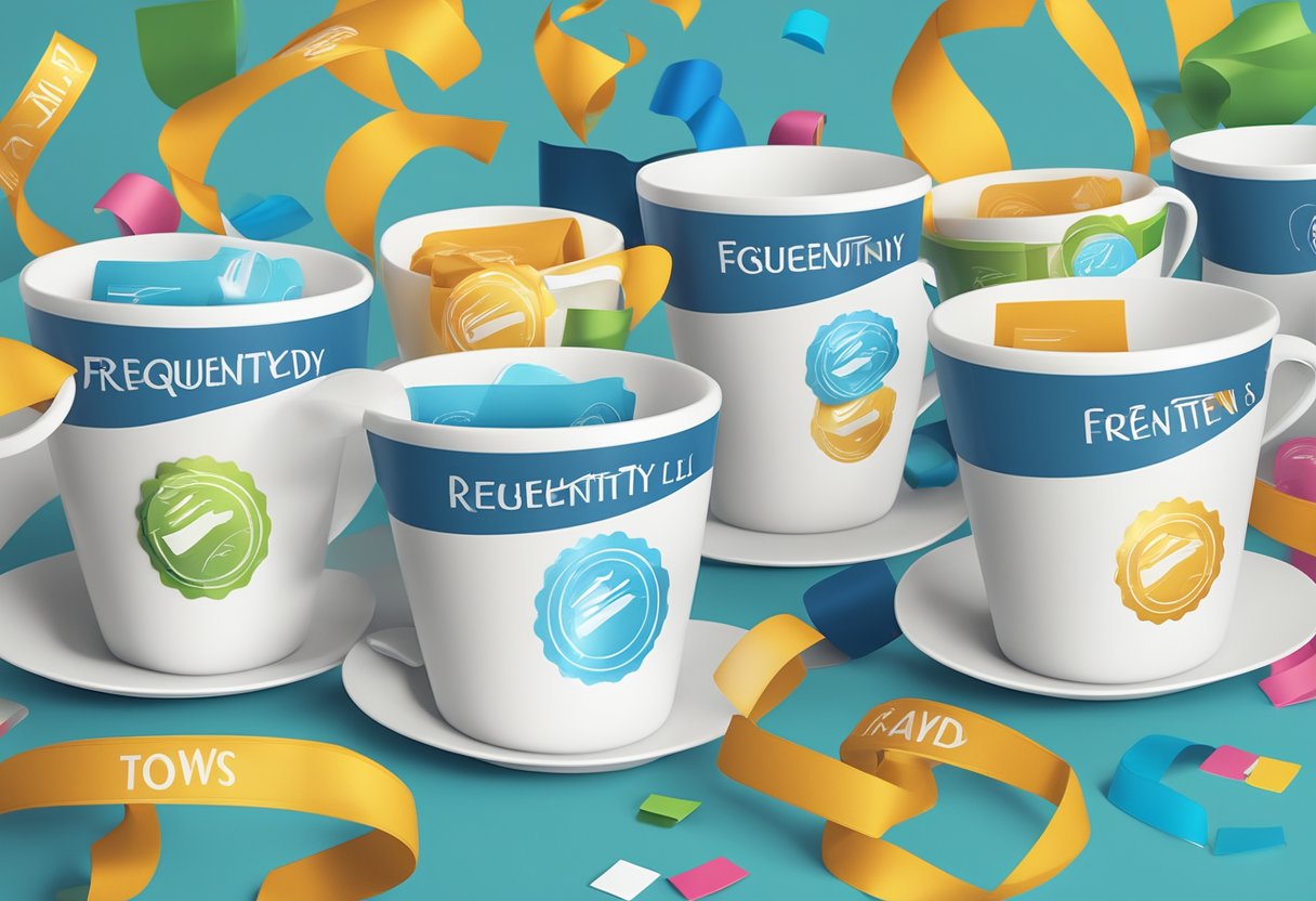 A stack of branded corporate gifts cups arranged neatly on a table with a "Frequently Asked Questions" banner in the background
