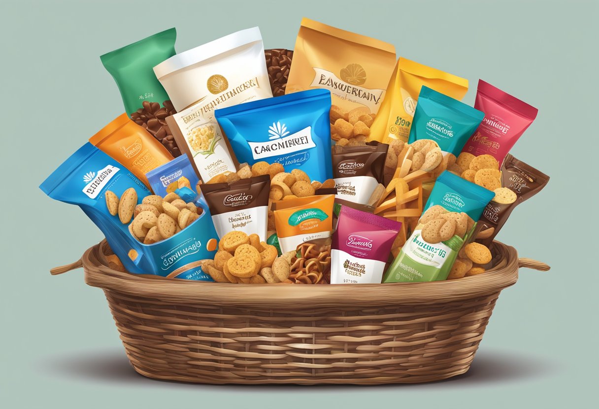 A hand reaches for a gourmet food basket, filled with assorted treats and snacks, elegantly packaged with a corporate logo