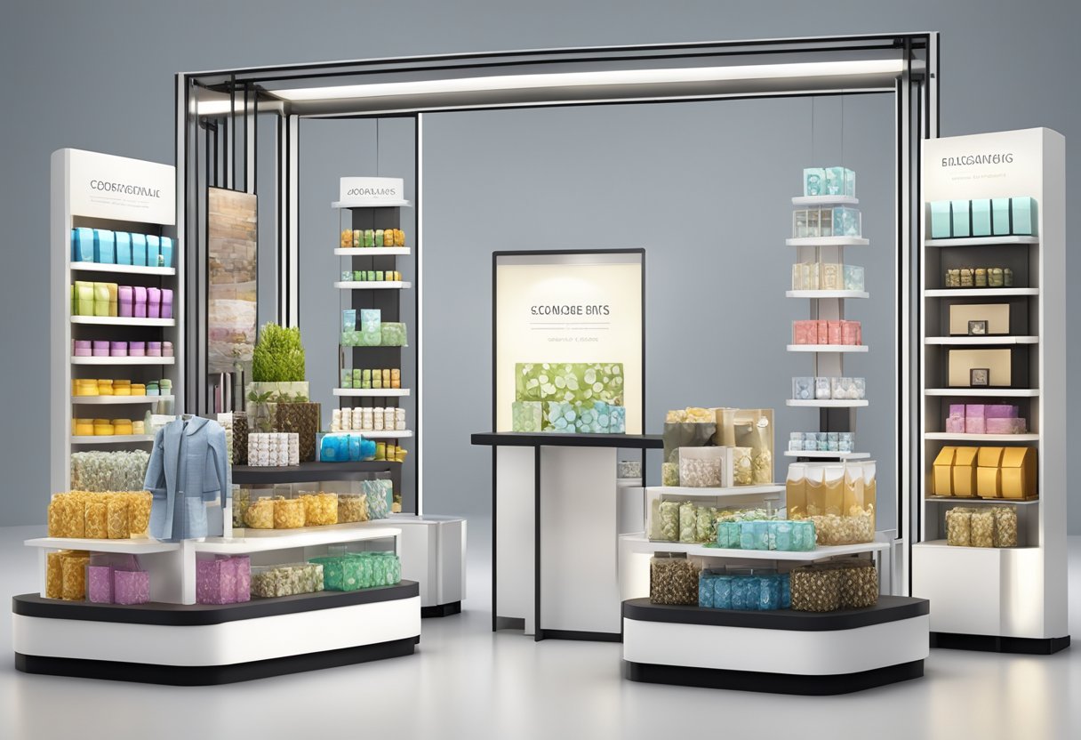 A vendor displays a variety of corporate gifts on a sleek, modern display stand in a well-lit exhibition booth