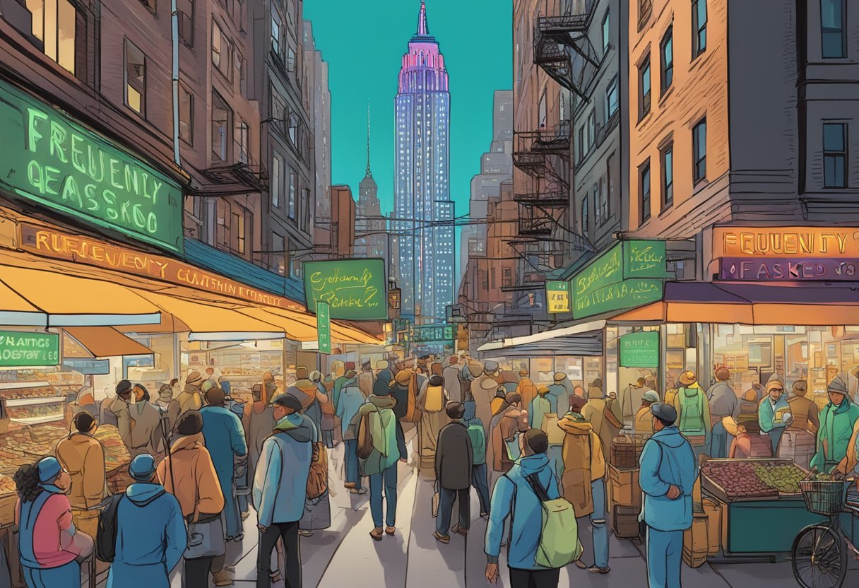 A bustling Manhattan street with a large neon sign reading "Frequently Asked Questions" above a busy fish market