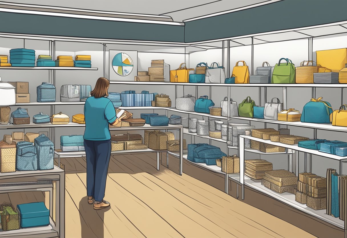 A person browsing through a variety of corporate gift options displayed on shelves and tables in a vendor's showroom