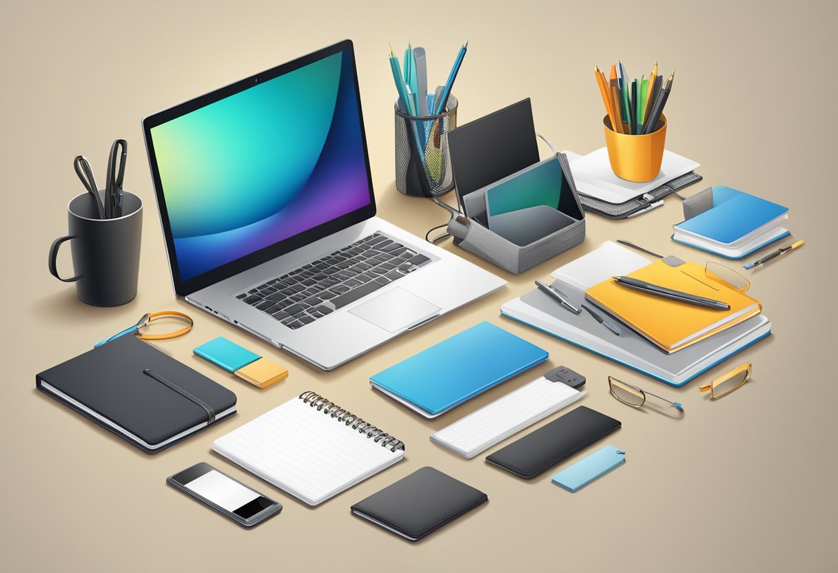 A desk with a variety of practical and innovative corporate gift items, such as personalized notebooks, tech gadgets, and stylish desk organizers