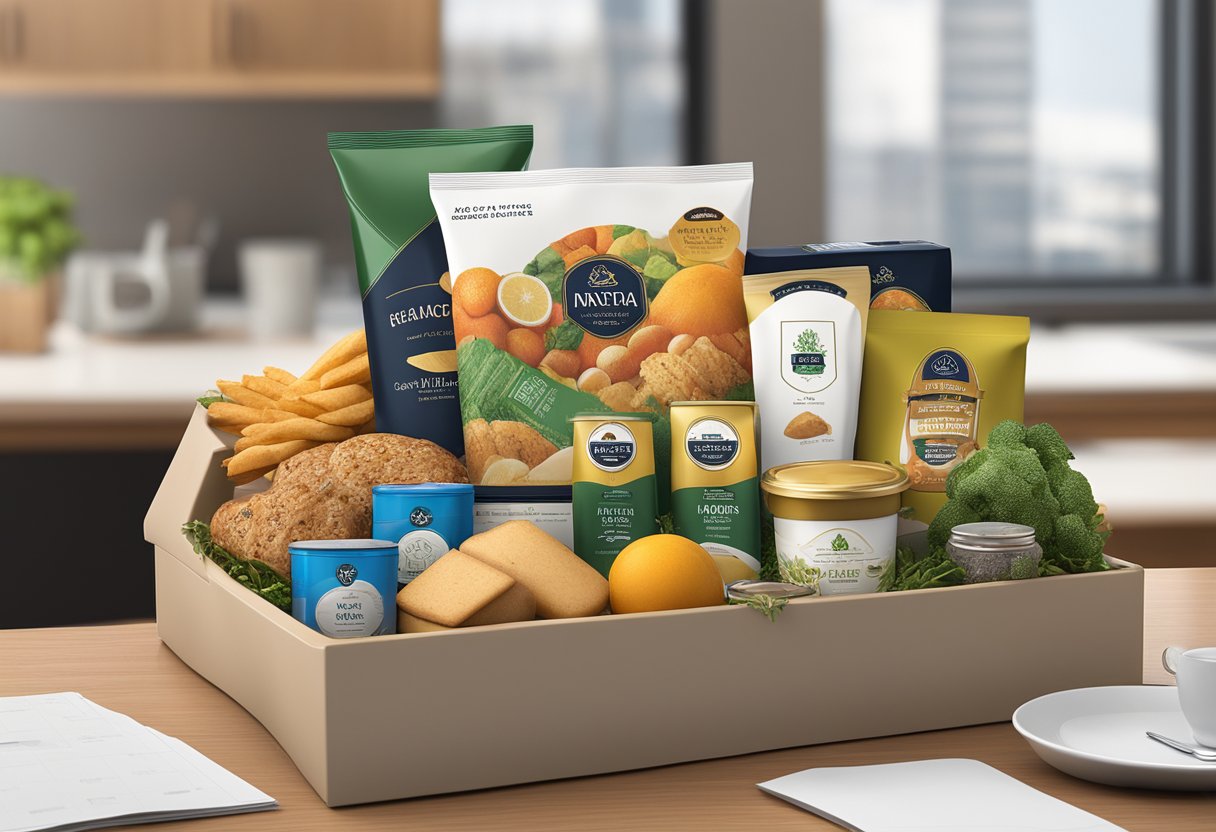 A beautifully arranged food basket sits on a sleek office desk, ready to be gifted to a corporate client. The recipient's logo is subtly displayed on the packaging