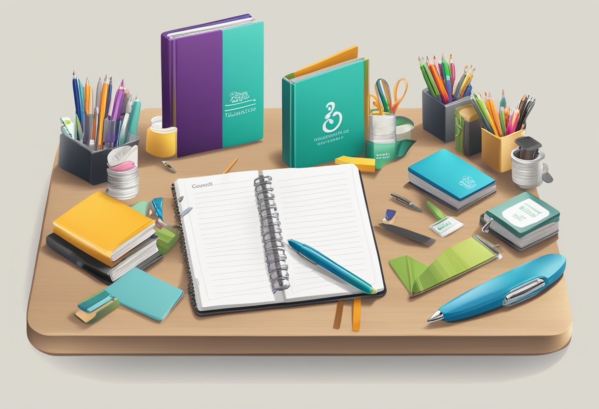 A table with various gift items like branded pens, custom notebooks, and gourmet gift baskets displayed with a sign "Frequently Asked Questions: good corporate gift ideas."