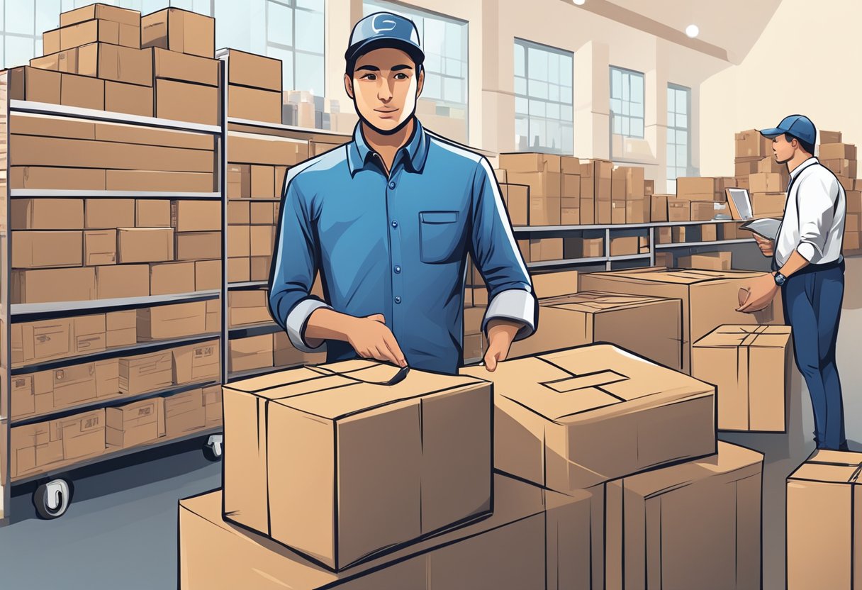 A corporate gift vendor stands in front of a selection of products, while a logistics team organizes deliveries in the background