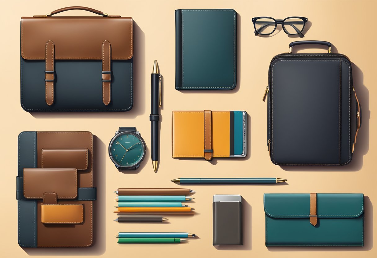 A sleek leather briefcase and matching wallet sit on a modern desk, next to a stylish leather-bound notebook and pen set