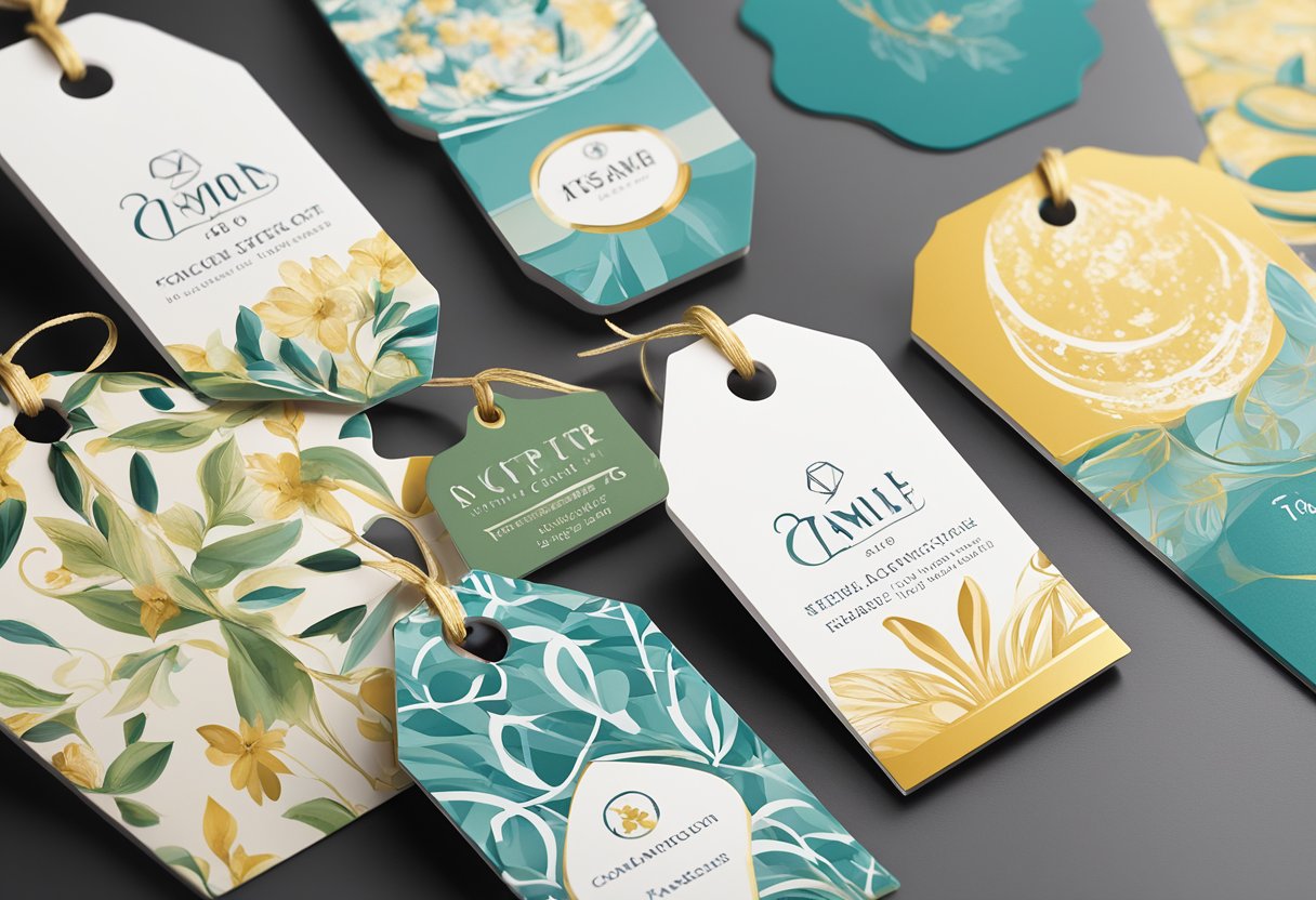 A table displays custom corporate gift tags in various shapes and sizes, with elegant designs and company logos printed on them
