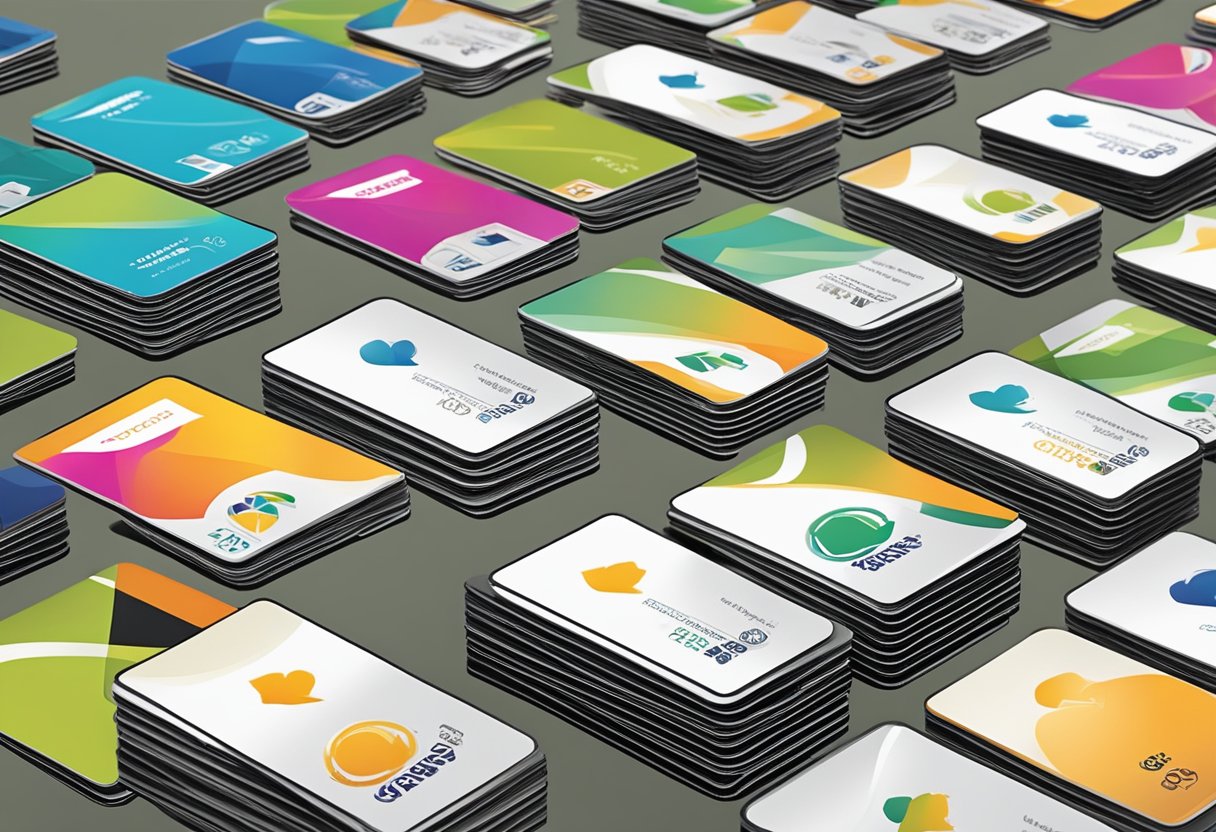 A stack of corporate gift cards arranged neatly on a table, with a logo prominently displayed on each card. A representative holds a pen, ready to sign the cards before donation