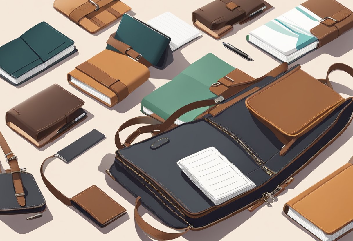 A hand reaches for a sleek leather briefcase, next to a set of leather-bound notebooks and a stylish leather wallet