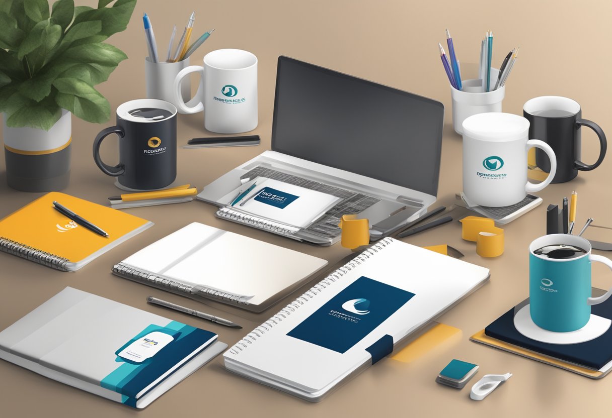 A table displays branded mugs, pens, and notebooks. A banner with the company logo hangs in the background