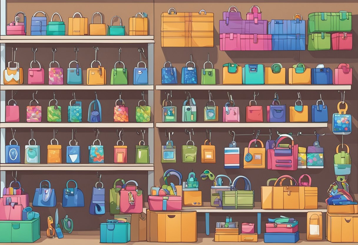 A table with various keychain designs, tools, and materials. Brightly colored keychains hang on display racks. A person is packaging finished keychains into small boxes for shipping