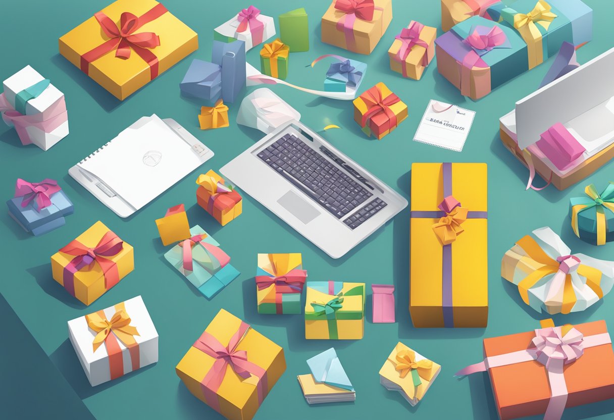 A table with various gift tag designs, a computer with design software, and a stack of branded gift boxes