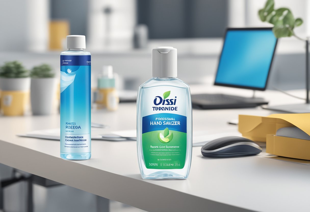 A bottle of hand sanitizer sits on a desk, surrounded by branded corporate merchandise. The logo of the company is prominently displayed on the bottle