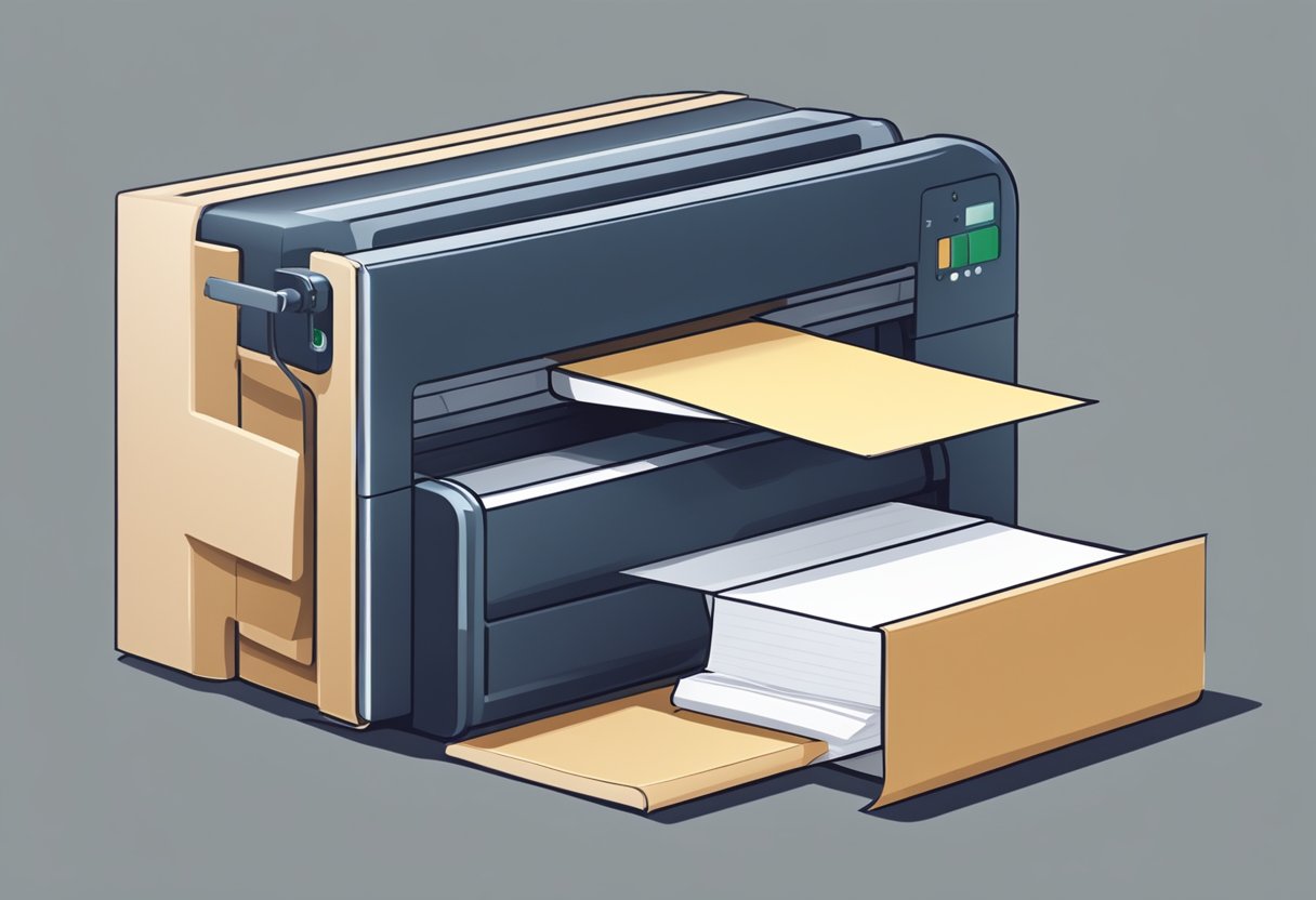 A printer feeds a stack of blank corporate notebooks into its rollers, ready to be imprinted with the company's logo and details